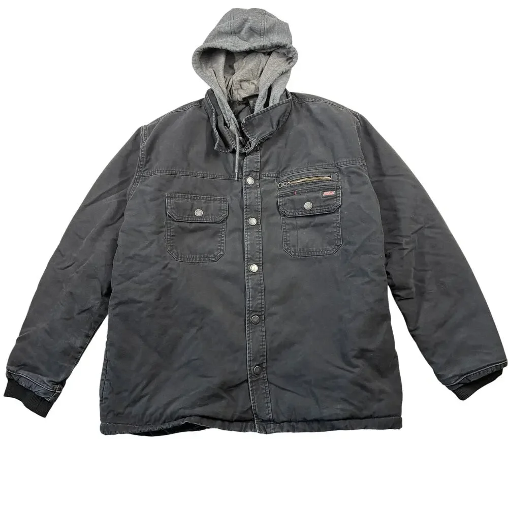 Dickies Work Jacket Mens 2XL XXL Black Canvas Hooded Quilted Lined Snap Button